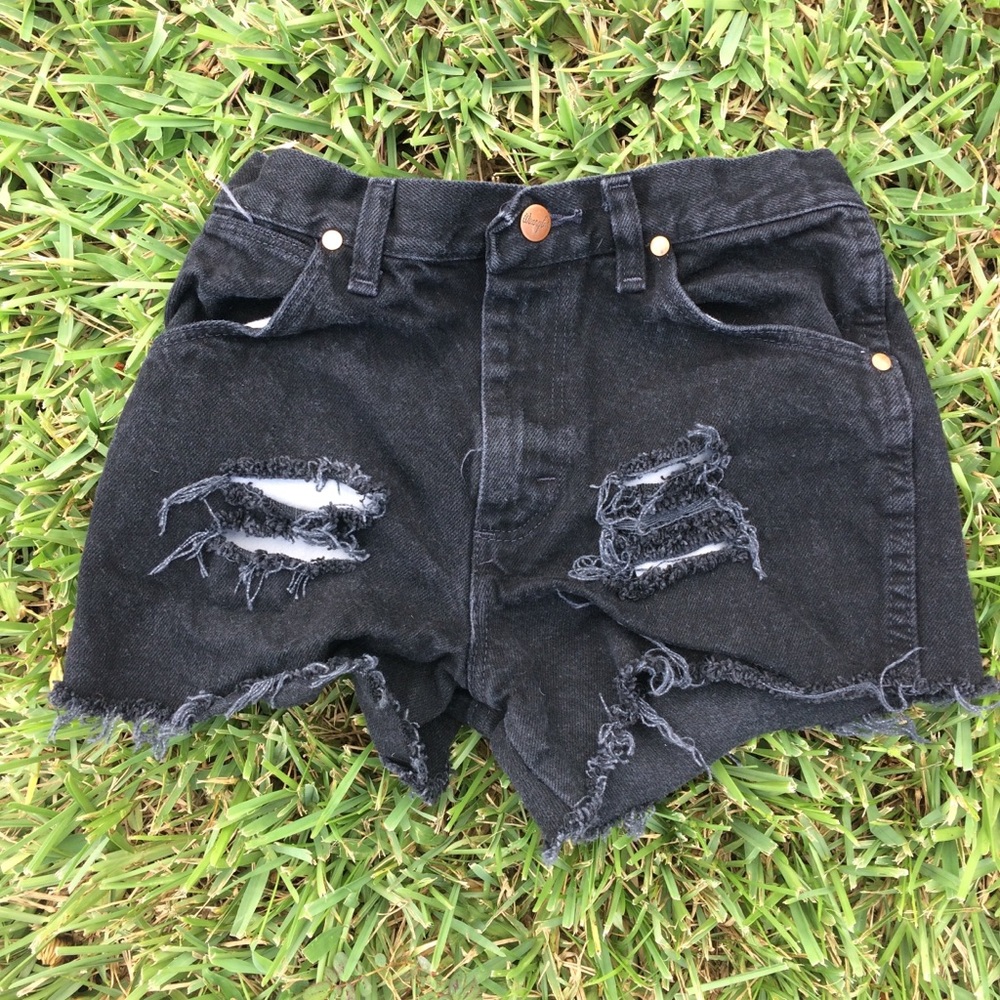 Retro Wrangler Black Denim Distressed Cutoffs